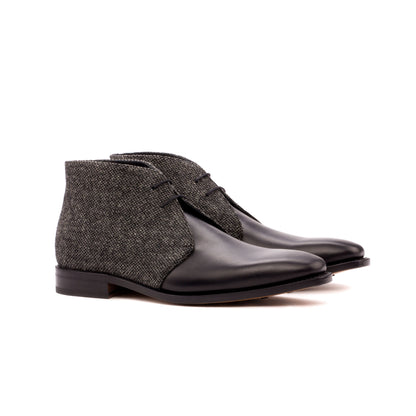 Chukka Boot in Black Box Calf and Black Nailhead Fabric, front three-quarter view