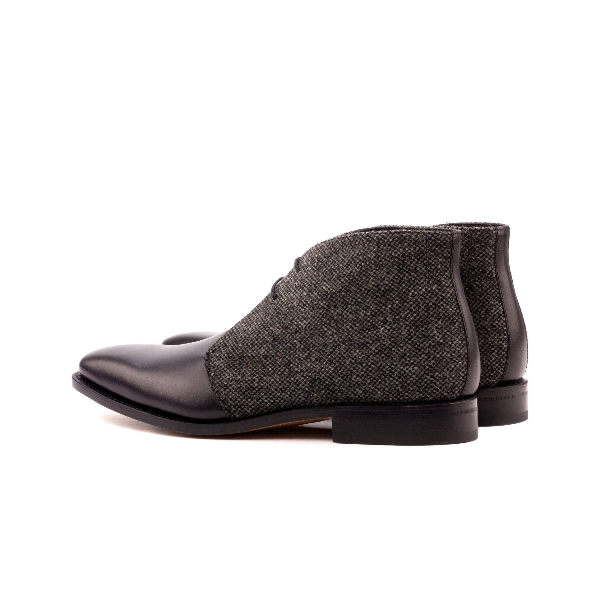 Chukka Boot in Black Box Calf and Black Nailhead Fabric, rear three-quarter view