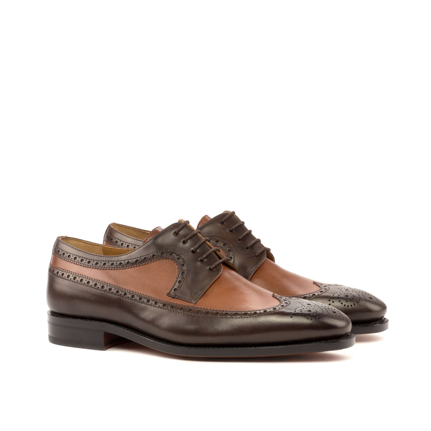 Long Wingtip Derby in Dark Brown Painted Box Calf and Medium Brown Painted Box Calf, front three-quarter view