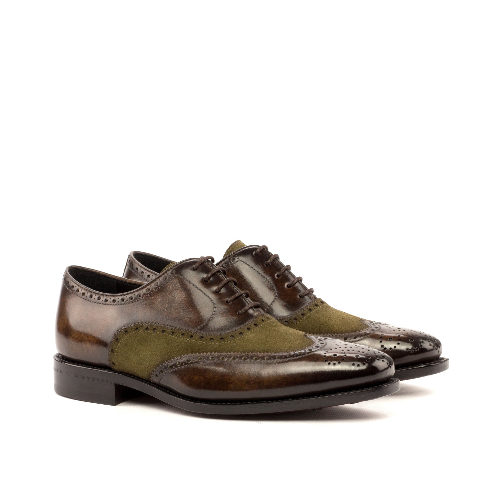 Wingtip Oxford in Brown Marble Patina Box Calf and Khaki Lux Suede, front three-quarter view