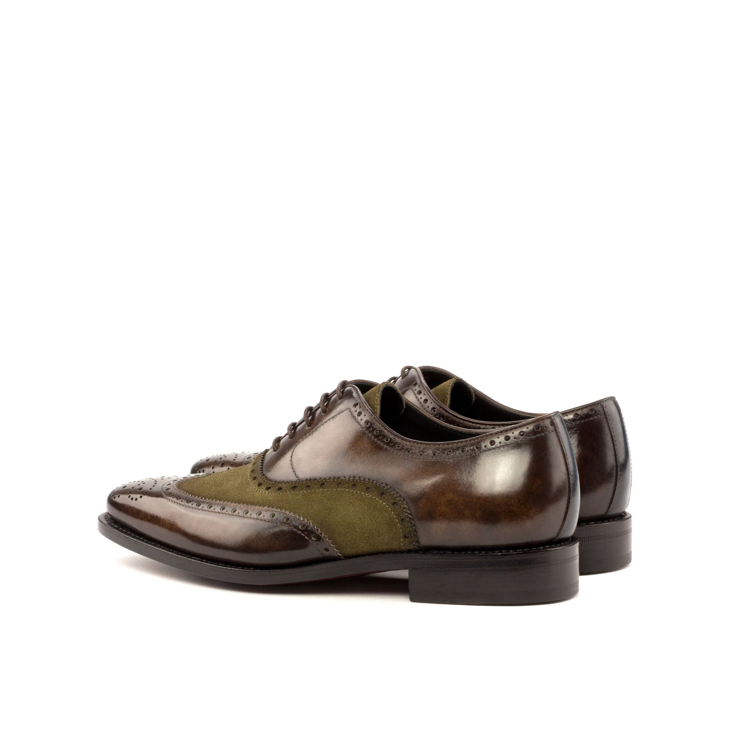 Wingtip Oxford in Brown Marble Patina Box Calf and Khaki Lux Suede, rear three-quarter view