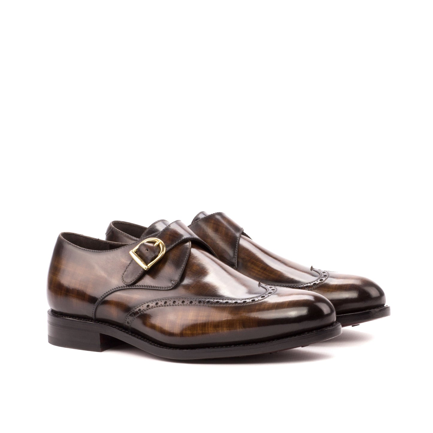 Single Monk Strap in Brown Patina Box Calf and Black Herringbone Fabric, front three-quarter view