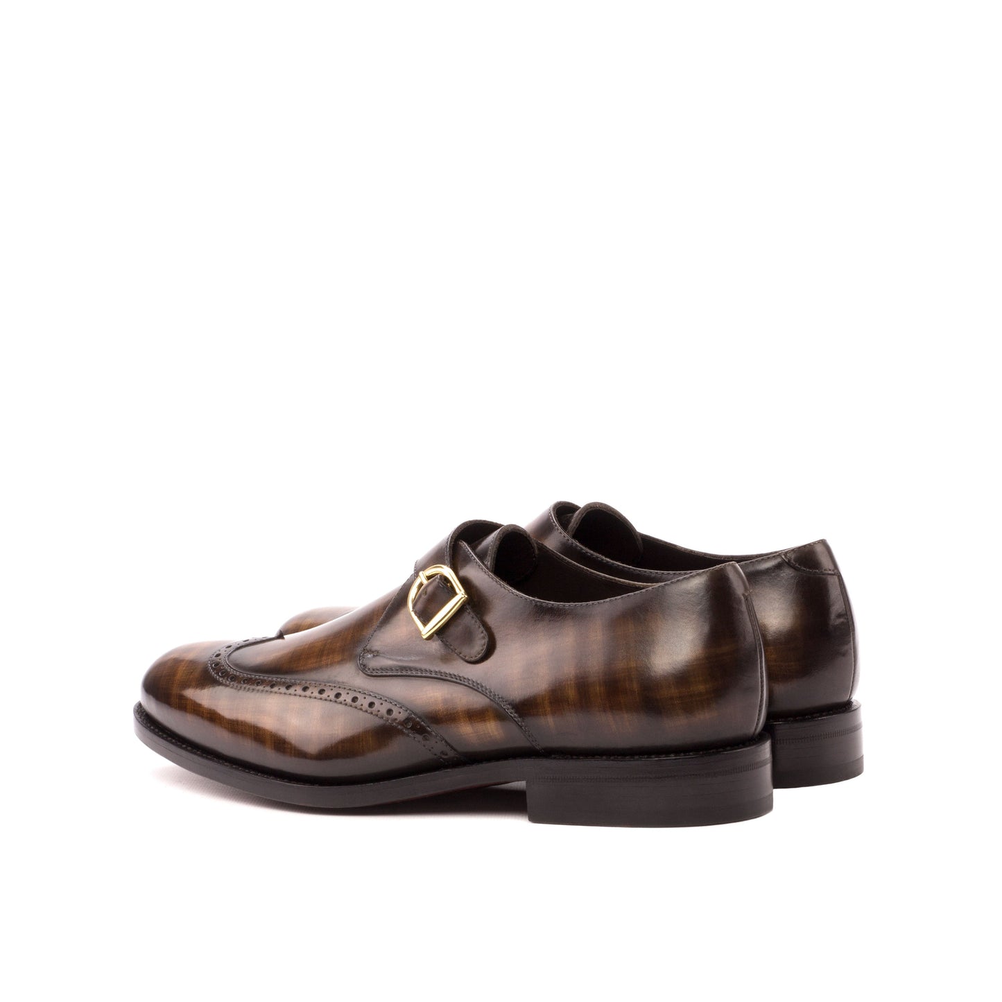 Single Monk Strap in Brown Patina Box Calf and Black Herringbone Fabric, rear three-quarter view