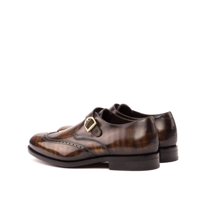 Single Monk Strap in Brown Patina Box Calf and Black Herringbone Fabric, rear three-quarter view
