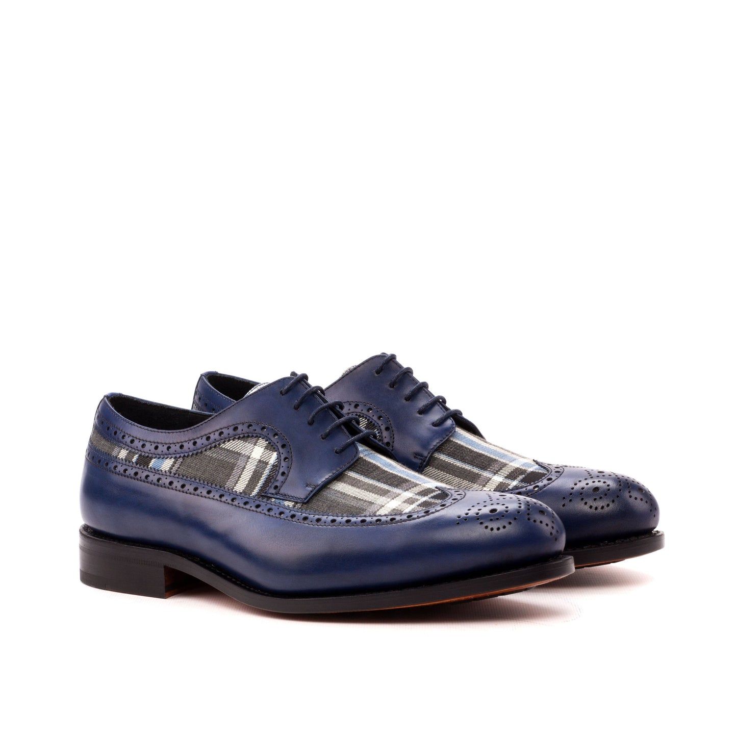 Long Wingtip Derby in Navy Painted Box Calf and Grey and Blue Wool Plaid, front three-quarter view