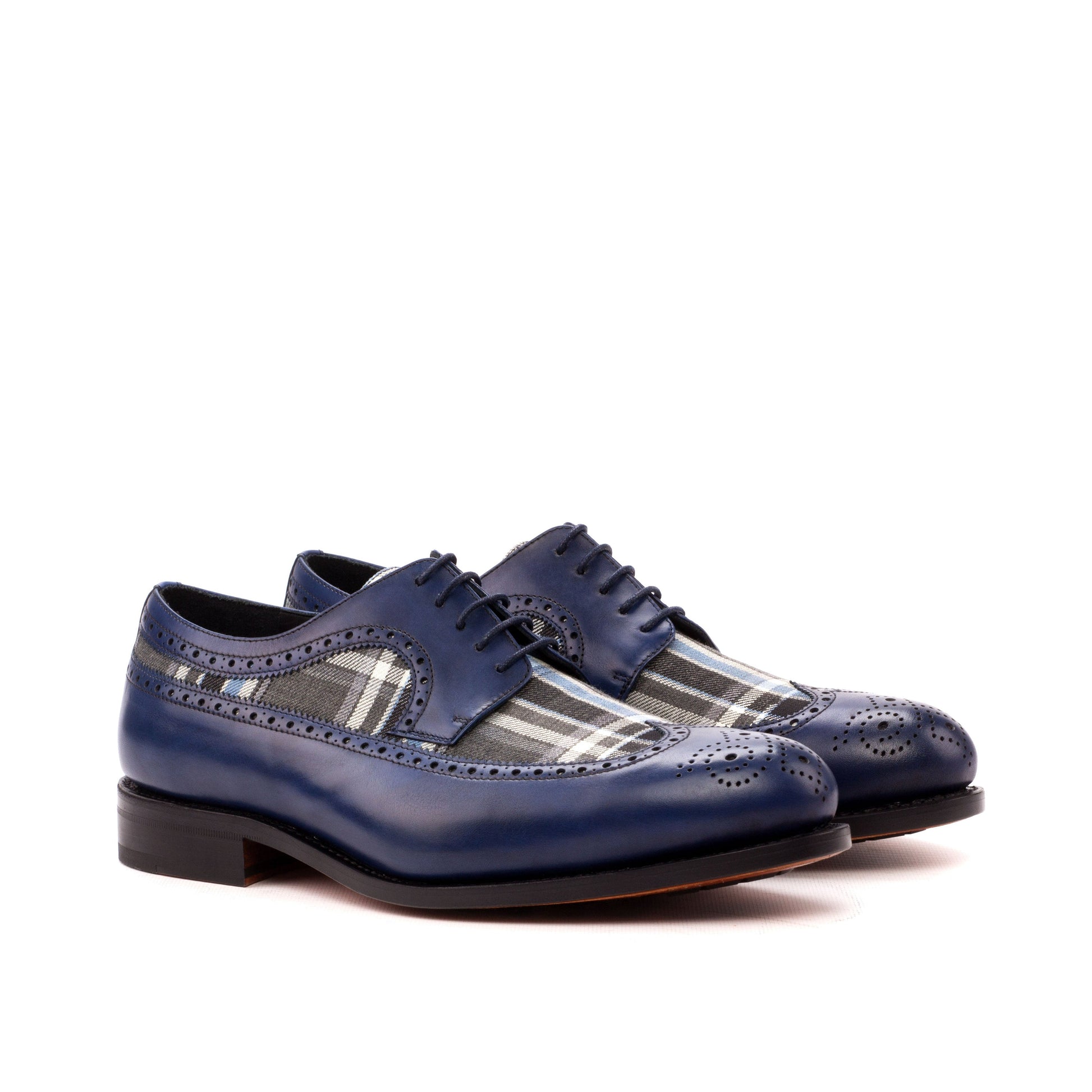 Long Wingtip Derby in Navy Painted Box Calf and Grey and Blue Wool Plaid, front three-quarter view
