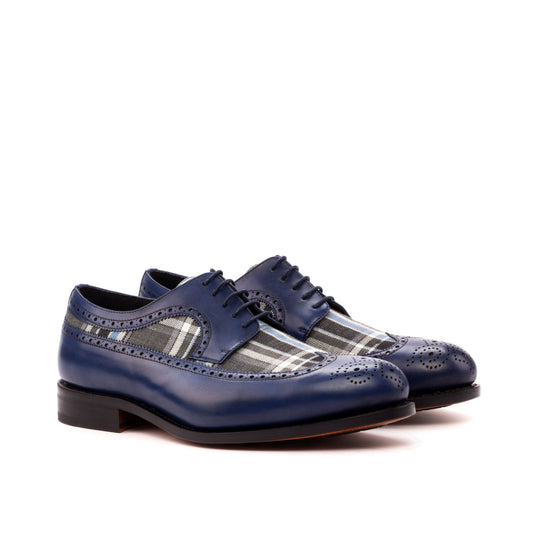 Long Wingtip Derby in Navy Painted Box Calf and Grey and Blue Wool Plaid, front three-quarter view