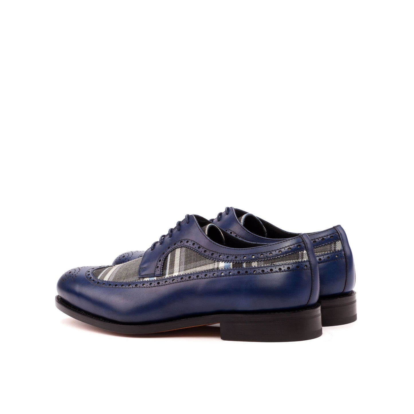 Long Wingtip Derby in Navy Painted Box Calf and Grey and Blue Wool Plaid, rear three-quarter view