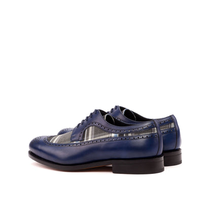 Long Wingtip Derby in Navy Painted Box Calf and Grey and Blue Wool Plaid, rear three-quarter view