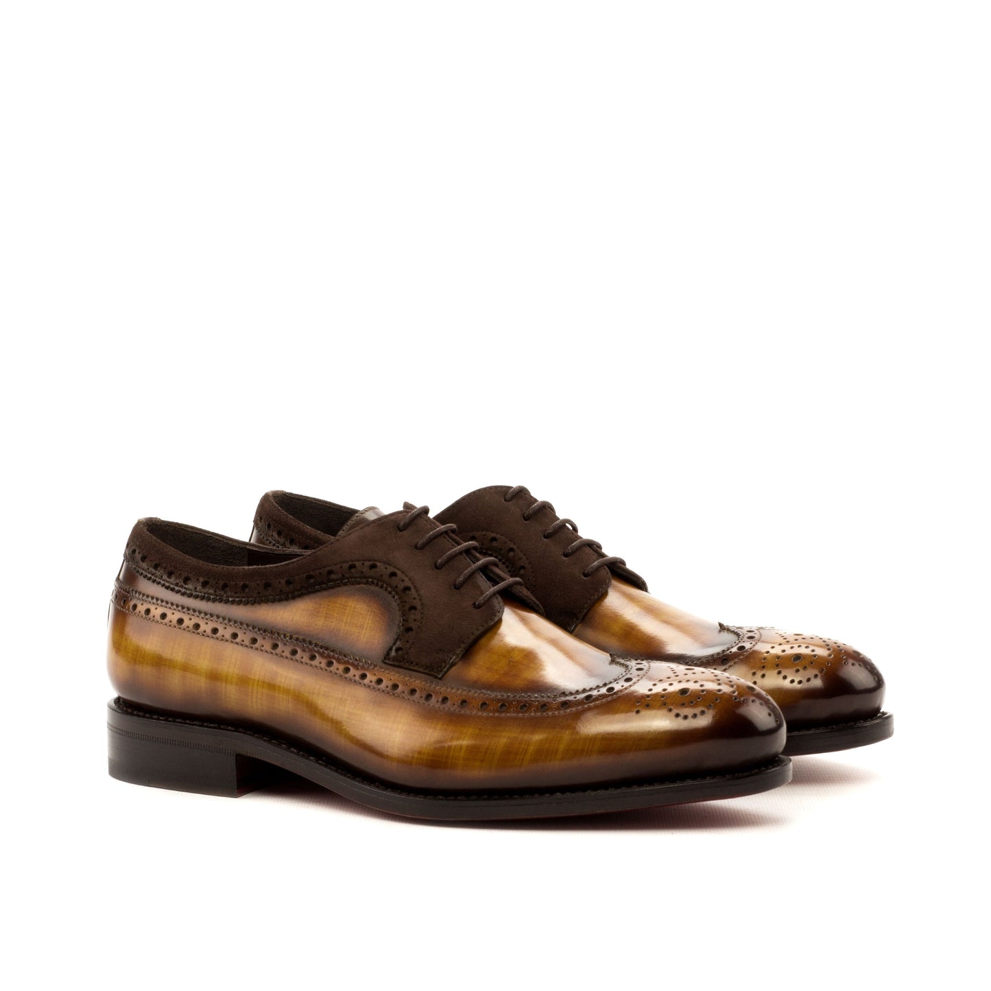 Long Wingtip Derby in Cognac Patina Box Calf and Brown Kid Suede, front three-quarter view