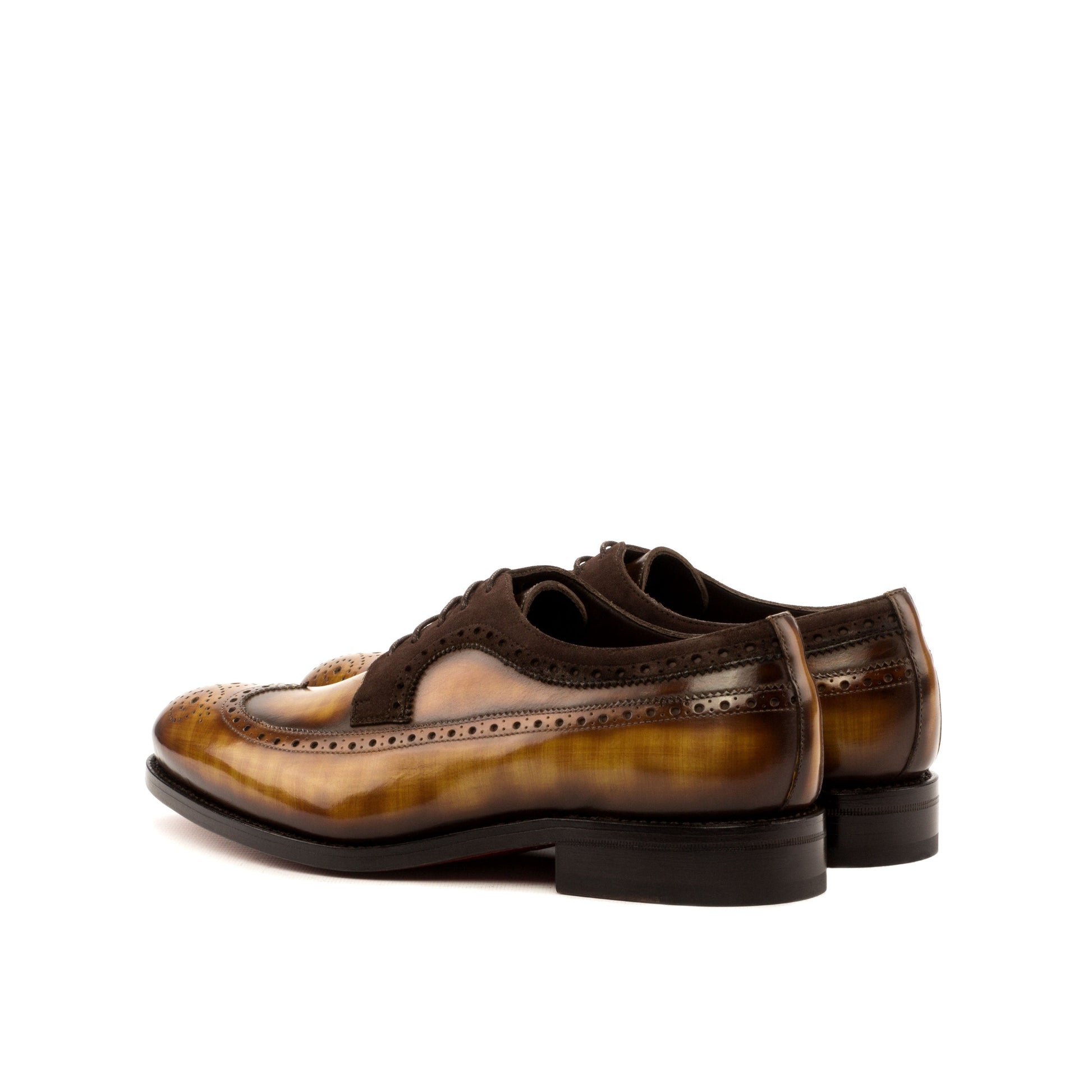 Long Wingtip Derby in Cognac Patina Box Calf and Brown Kid Suede, rear three-quarter view