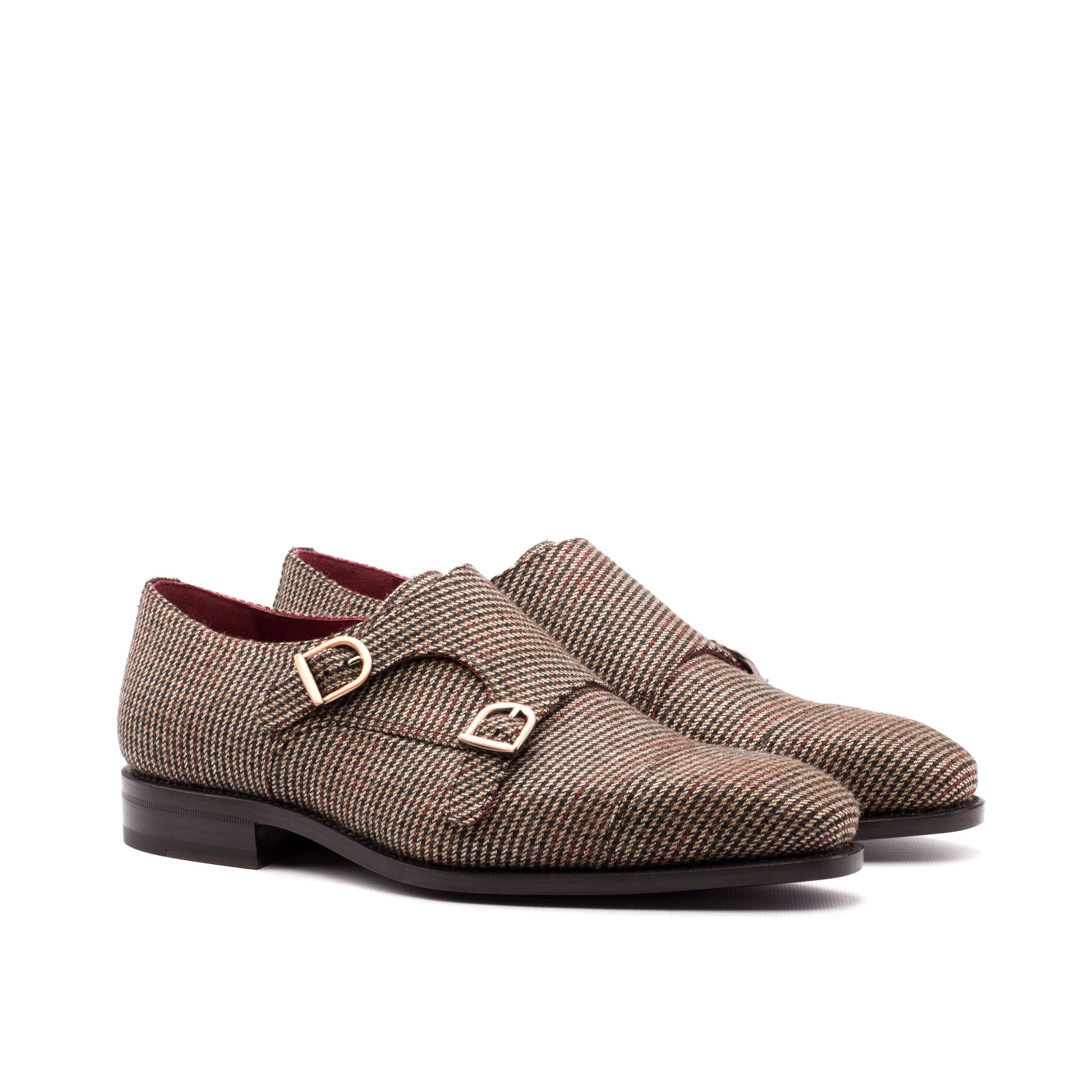 Double Monk Strap in Brown Small-Scale Wool Tweed, front three-quarter view
