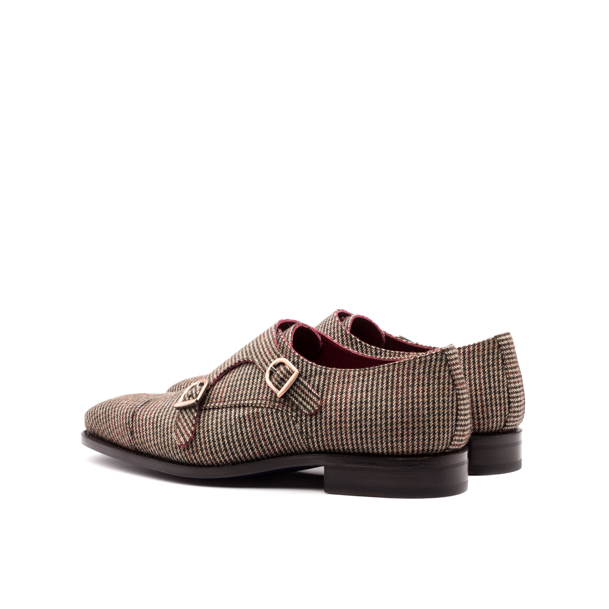 Double Monk Strap in Brown Small-Scale Wool Tweed, rear three-quarter view