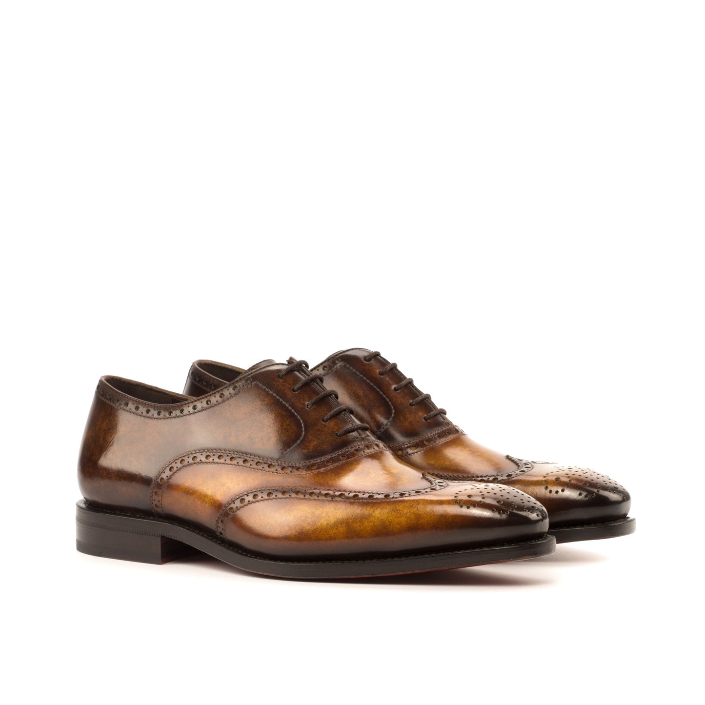 Wingtip Oxford in Cognac Marble Patina Box Calf and Brown Marble Patina Box Calf, front three-quarter view