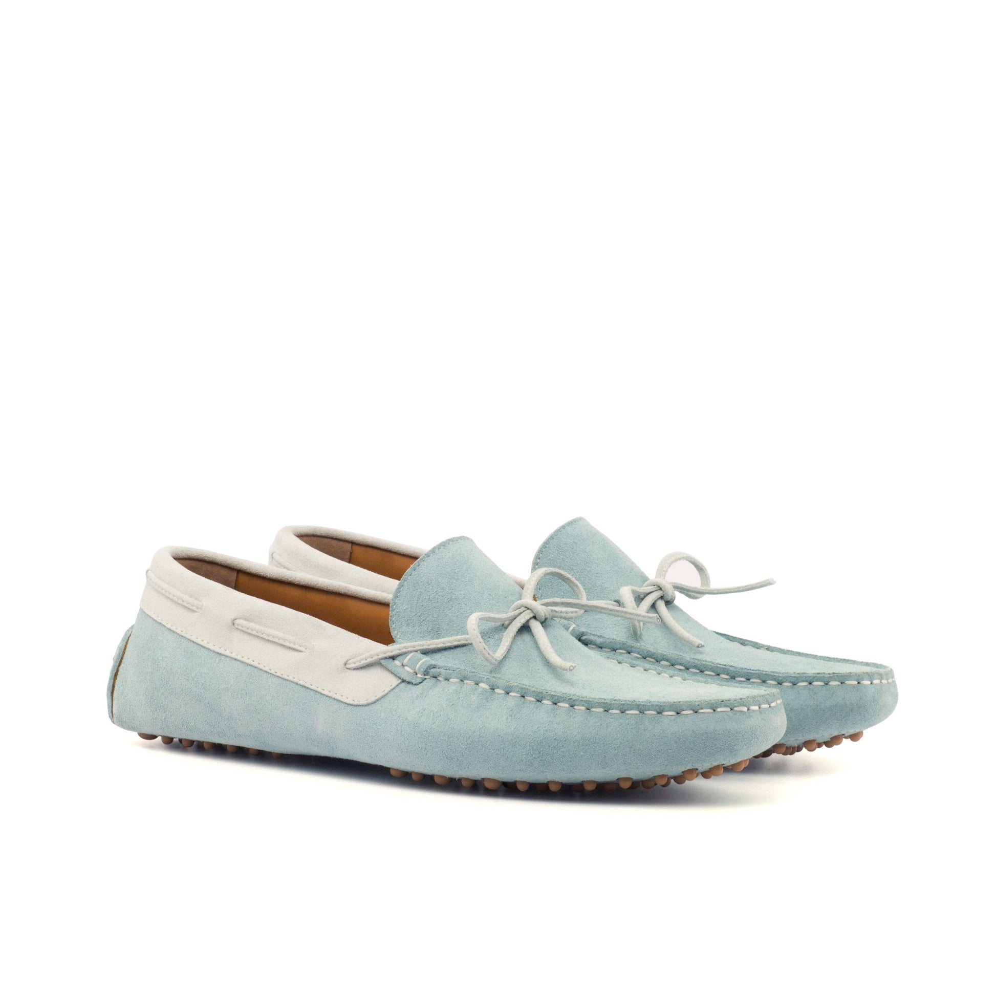 Driver Bow in Light Blue Calf Suede and White Calf Suede, front three-quarter view