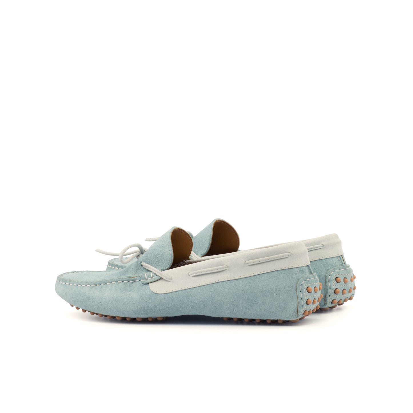 Driver Bow in Light Blue Calf Suede and White Calf Suede, rear three-quarter view