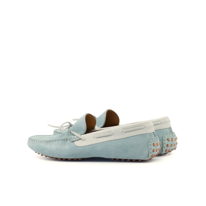 Driver Bow in Light Blue Calf Suede and White Calf Suede, rear three-quarter view