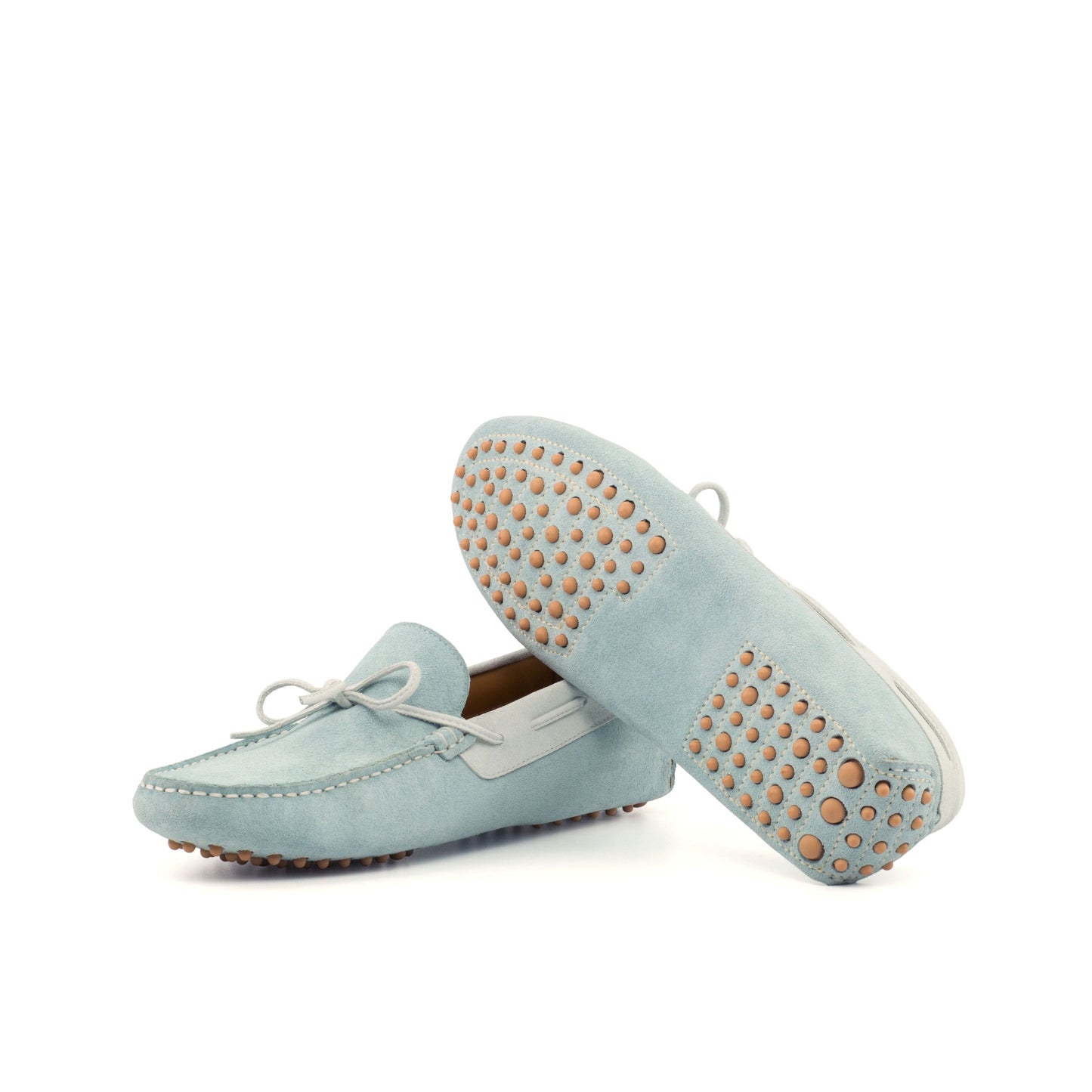 Driver Bow in Light Blue Calf Suede and White Calf Suede, beige rubber pebble sole