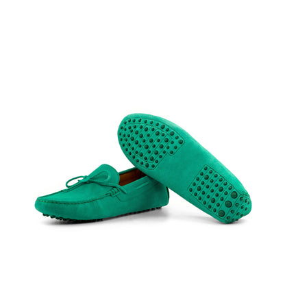 Driver Bow in Green Calf Suede, green rubber pebble sole