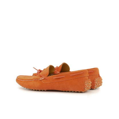 Driver Bow in Orange Calf Suede, rear three-quarter view