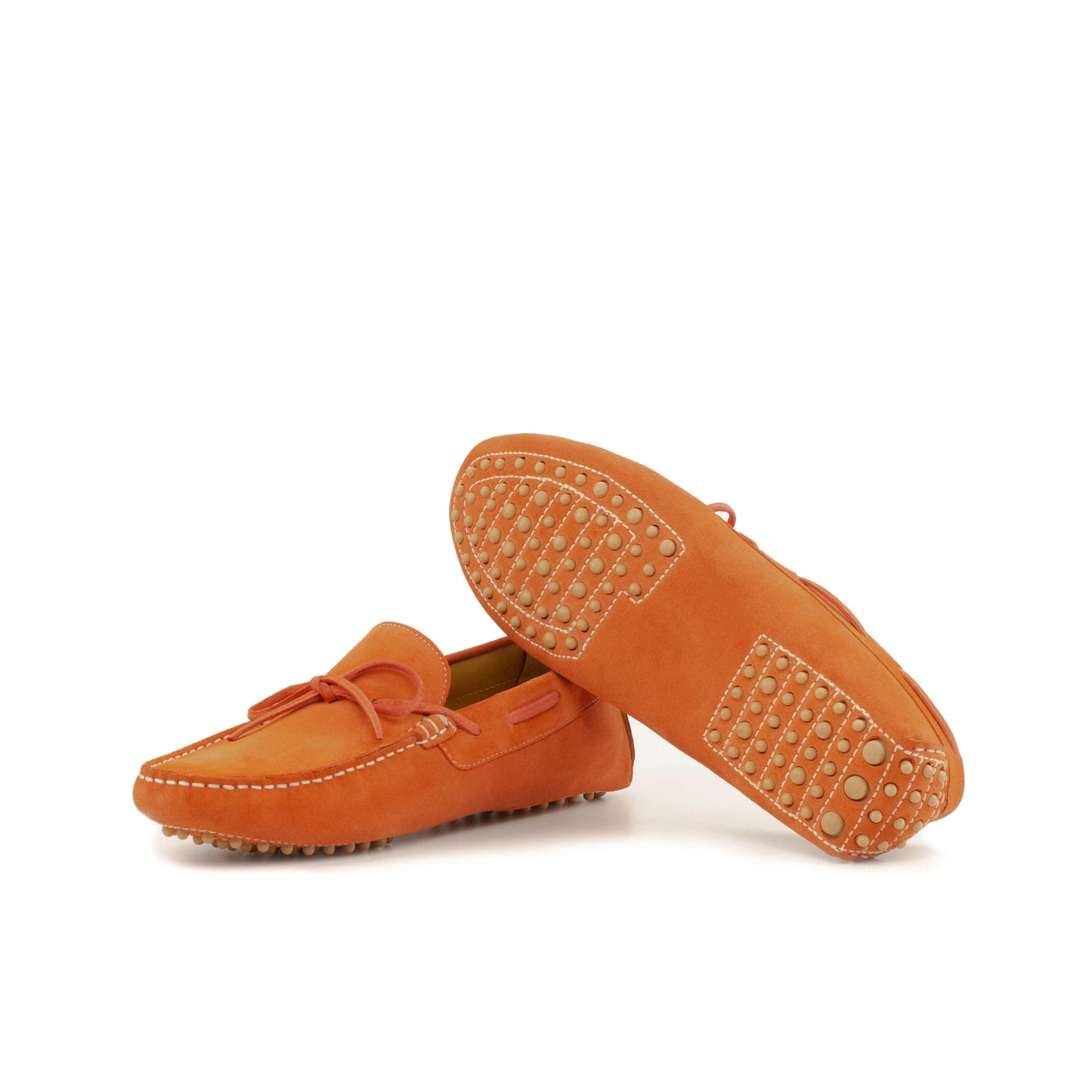 Driver Bow in Orange Calf Suede, beige rubber pebble sole