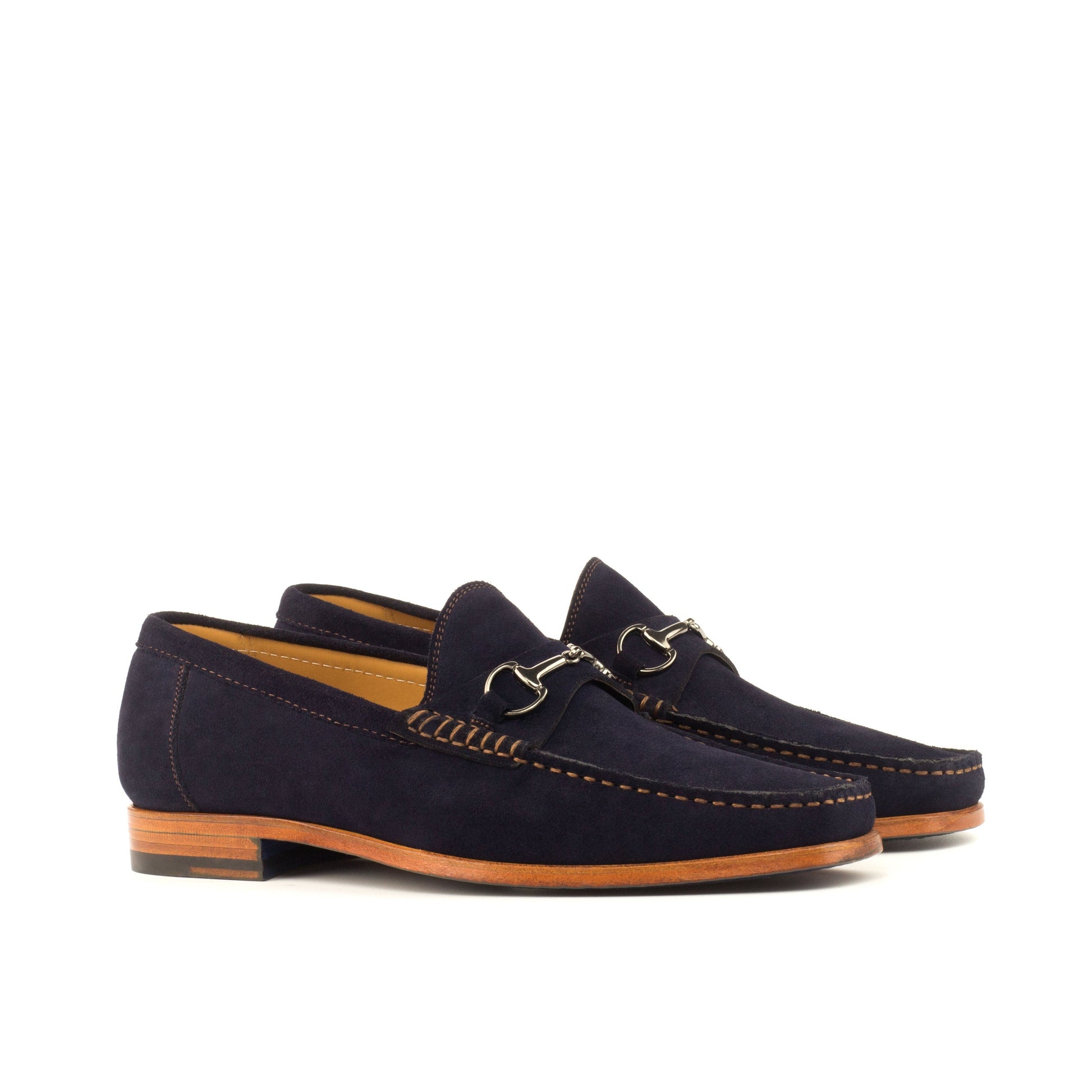 Moccasin Bit Loafer in Navy Calf Suede, front three-quarter view
