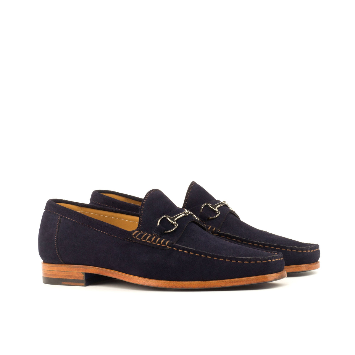 Moccasin Bit Loafer in Navy Calf Suede, front three-quarter view