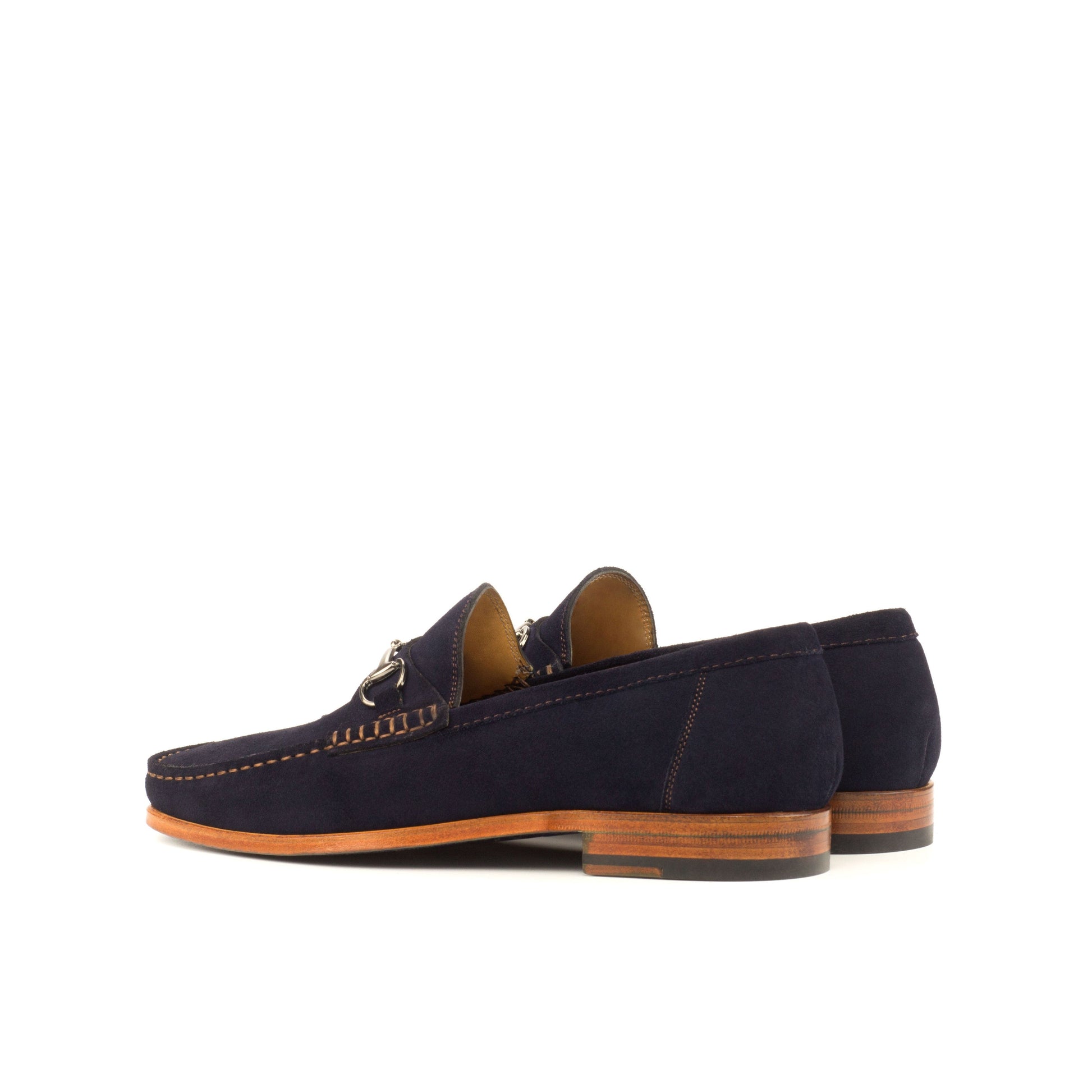 Moccasin Bit Loafer in Navy Calf Suede, rear three-quarter view
