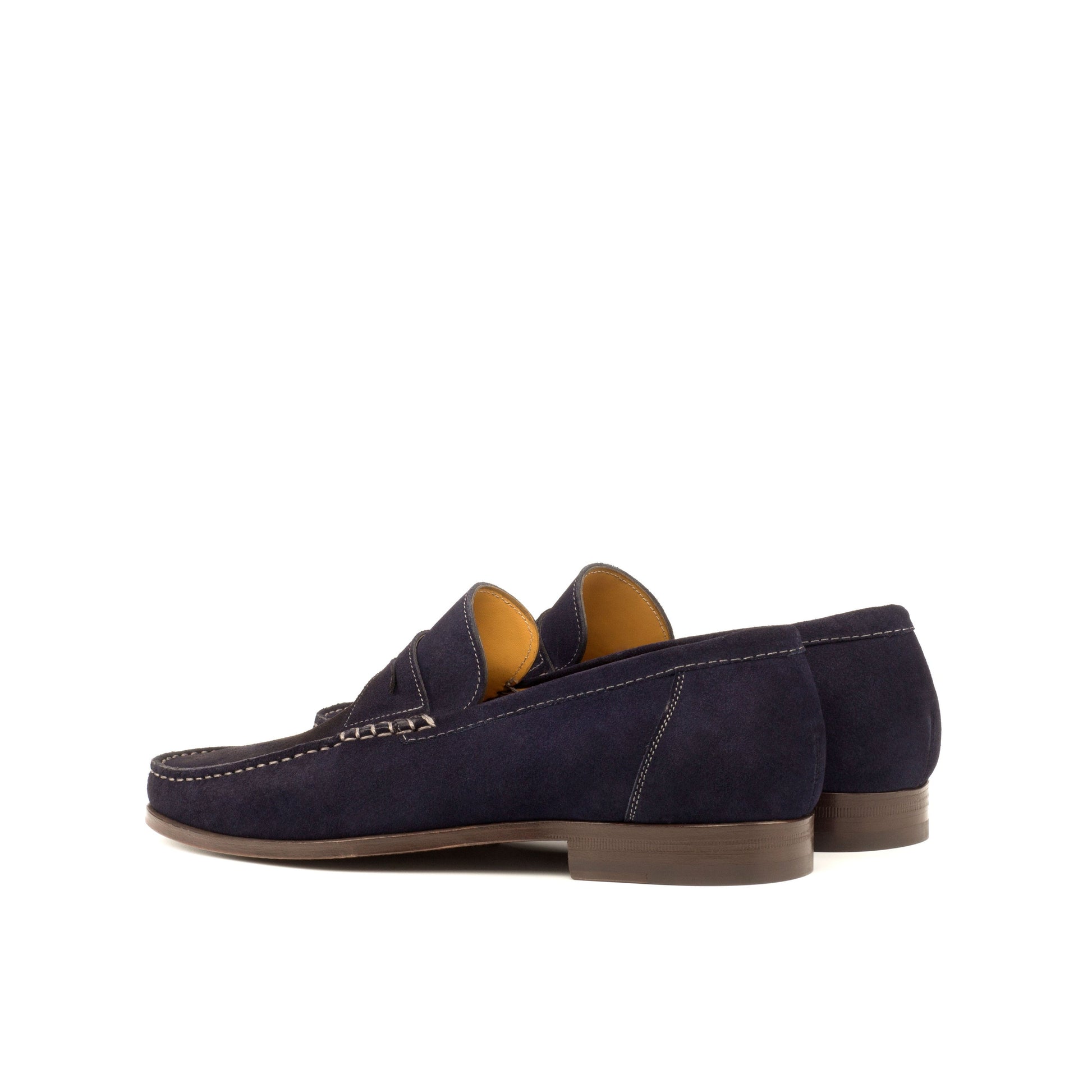 Moccasin Loafer in Navy Calf Suede, rear three-quarter view