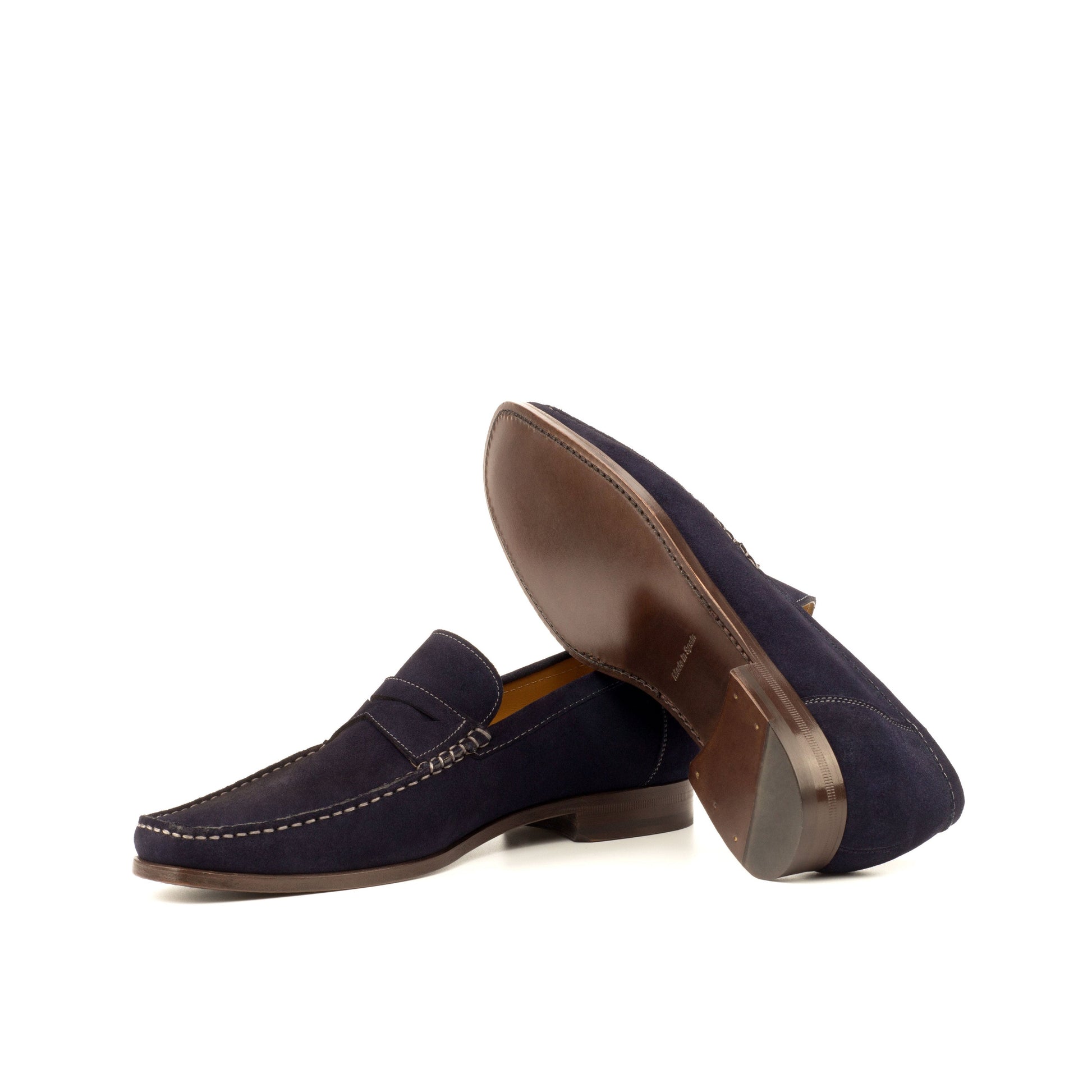 Moccasin Loafer in Navy Calf Suede, brown leather sole
