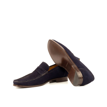 Moccasin Loafer in Navy Calf Suede, brown leather sole
