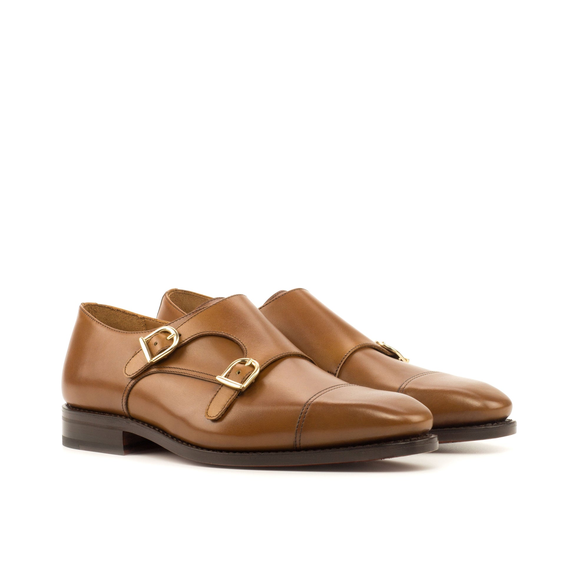 Double Monk Strap in Cognac Box Calf, front three-quarter view