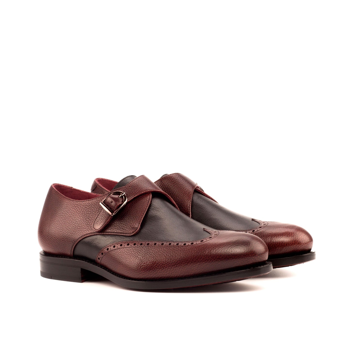 Single Monk Strap in Burgundy Painted Full-Grain Box Calf and Black Herringbone Fabric, front three-quarter view