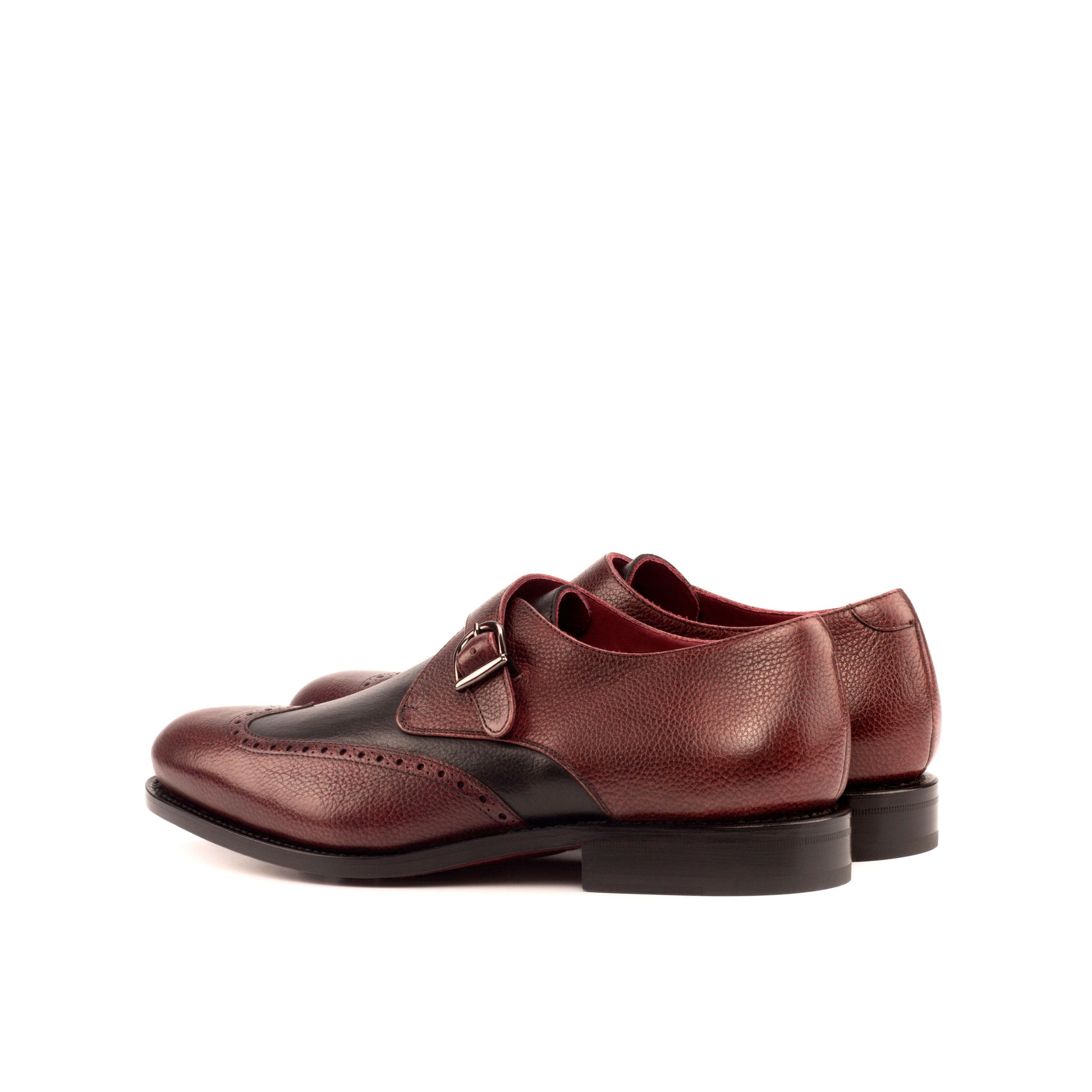 Single Monk Strap in Burgundy Painted Full-Grain Box Calf and Black Herringbone Fabric, rear three-quarter view