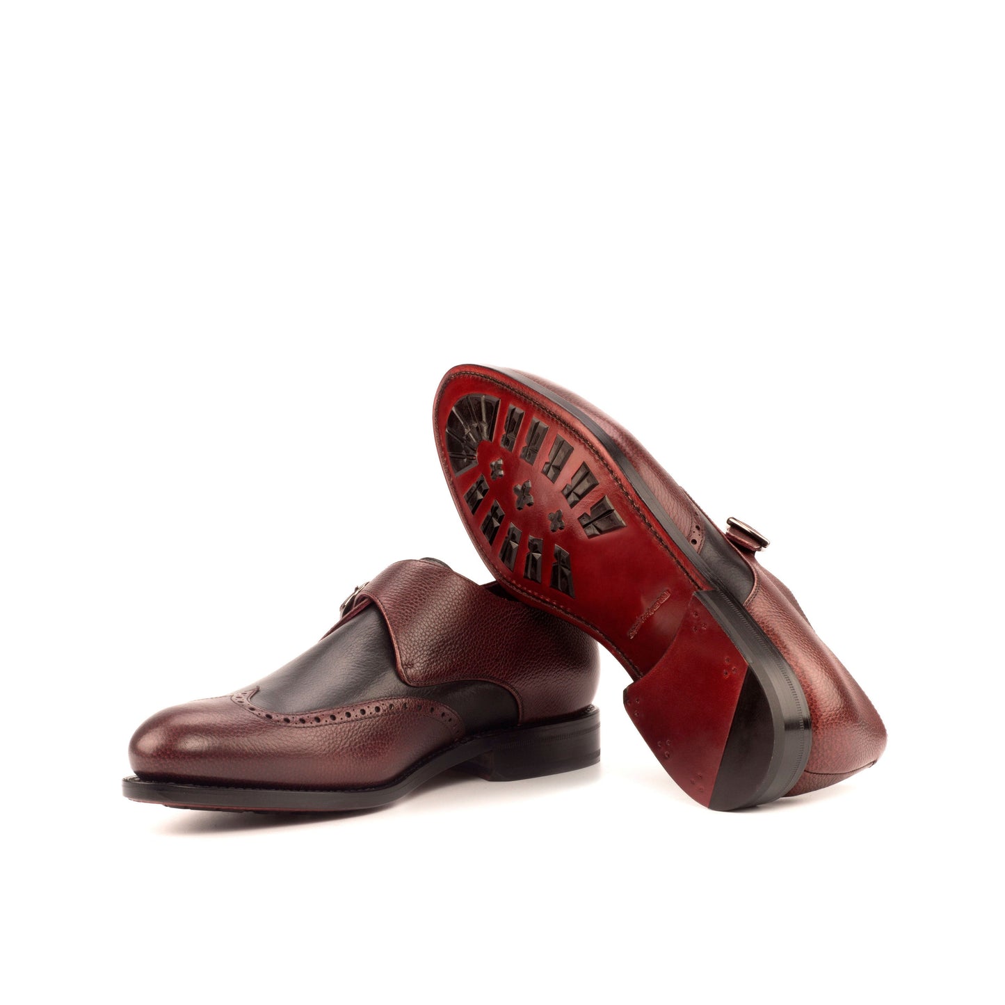 Single Monk Strap in Burgundy Painted Full-Grain Box Calf and Black Herringbone Fabric showing dark red leather sole with mountain rubber injections