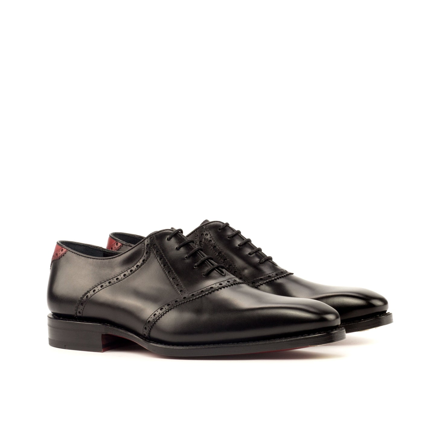 Saddle Shoe in Black Box Calf and Red Painted Box Calf, front three-quarter view