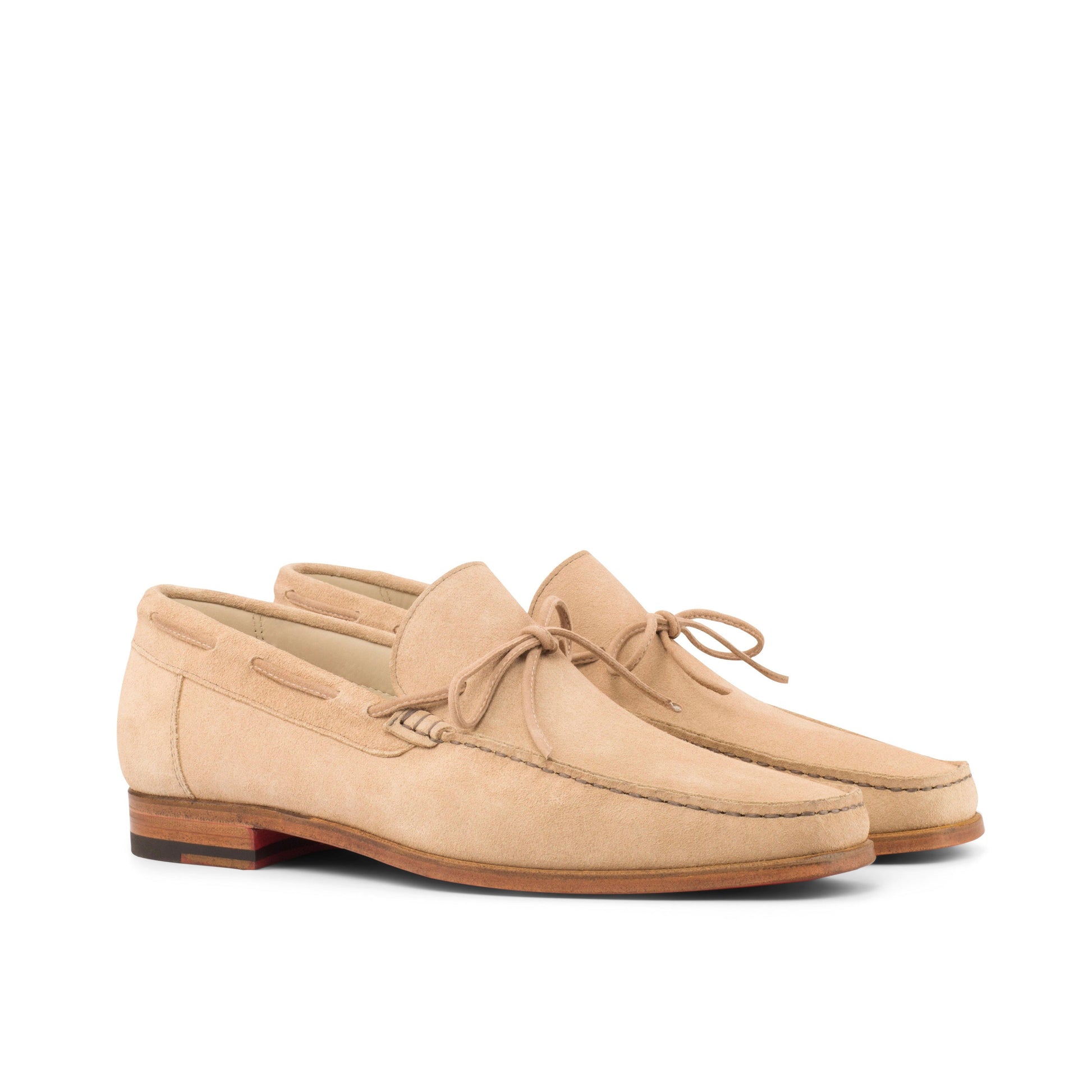 Moccasin Loafer in Camel Calf Suede, front three-quarter view