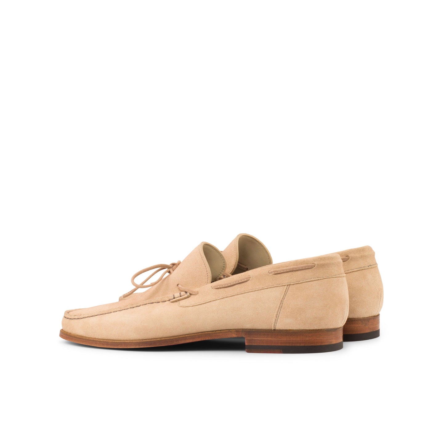 Moccasin Loafer in Camel Calf Suede, rear three-quarter view