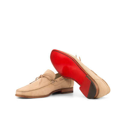 Moccasin Loafer in Camel Calf Suede, red leather sole
