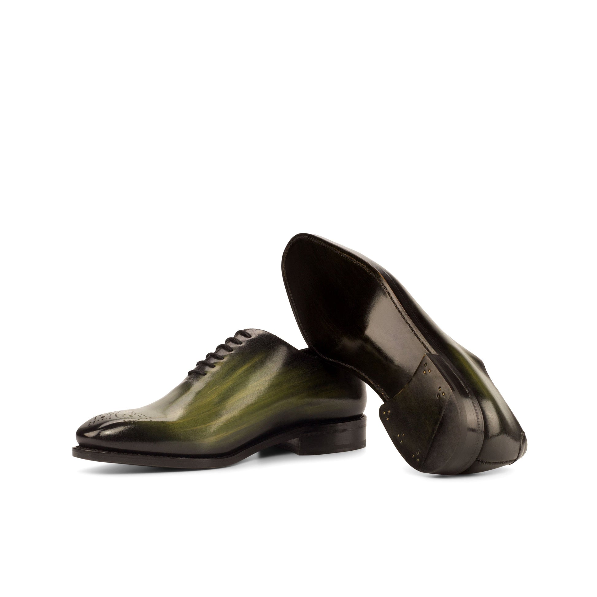 Wholecut Oxford in Khaki Patina Box Calf showing forest green leather sole