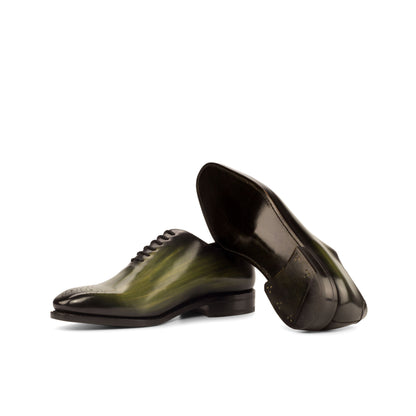 Wholecut Oxford in Khaki Patina Box Calf showing forest green leather sole