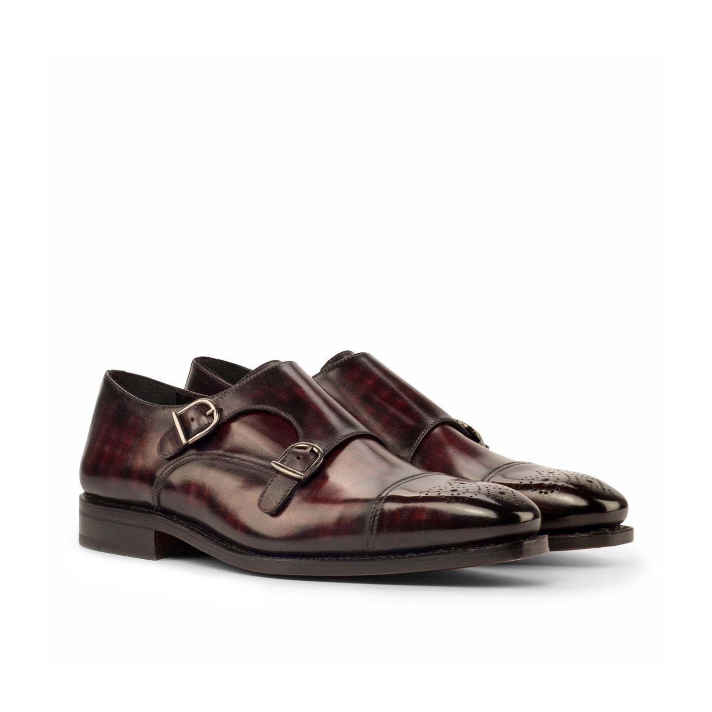 Double Monk Strap in Burgundy Patina Box Calf, front three-quarter view