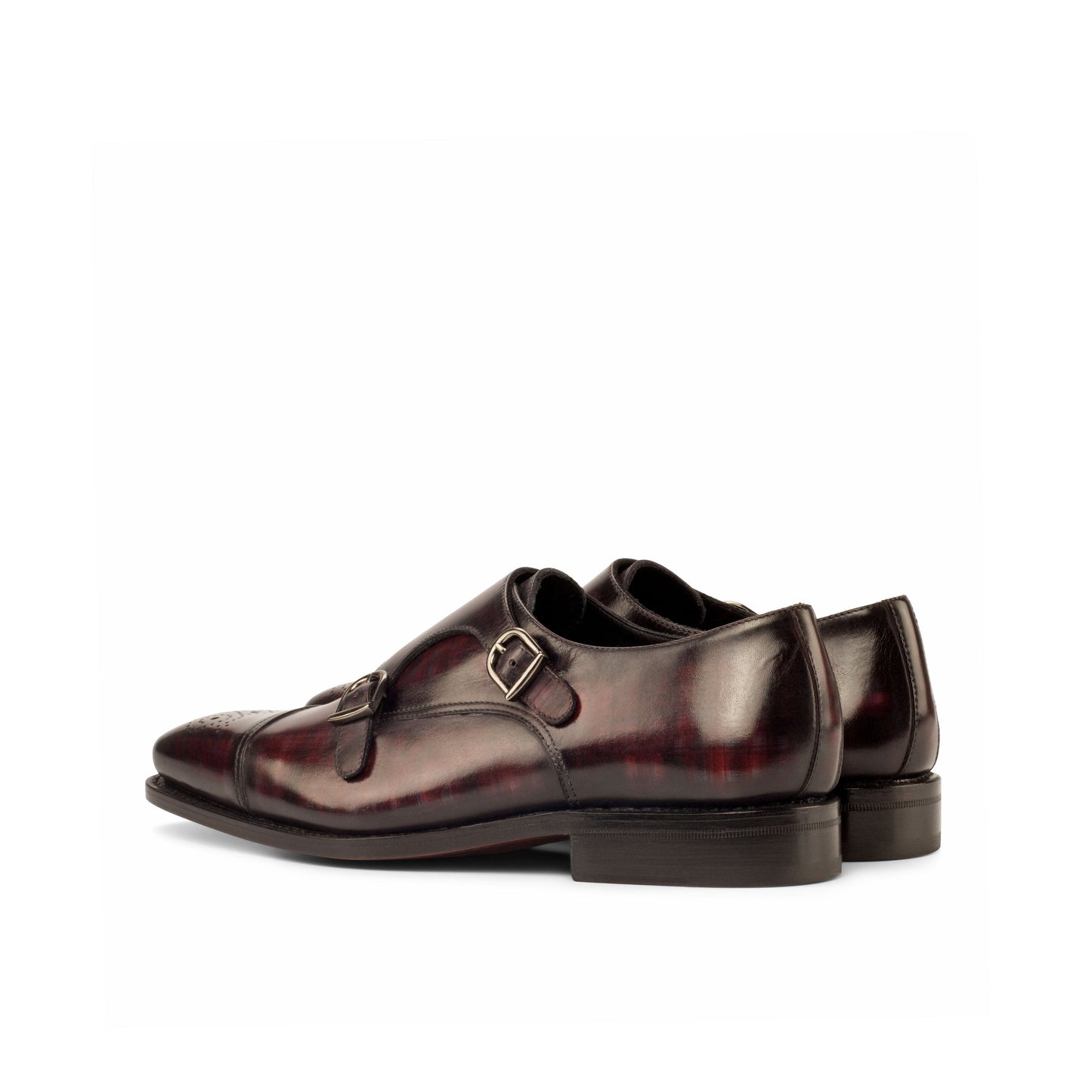 Double Monk Strap in Burgundy Patina Box Calf, rear three-quarter view