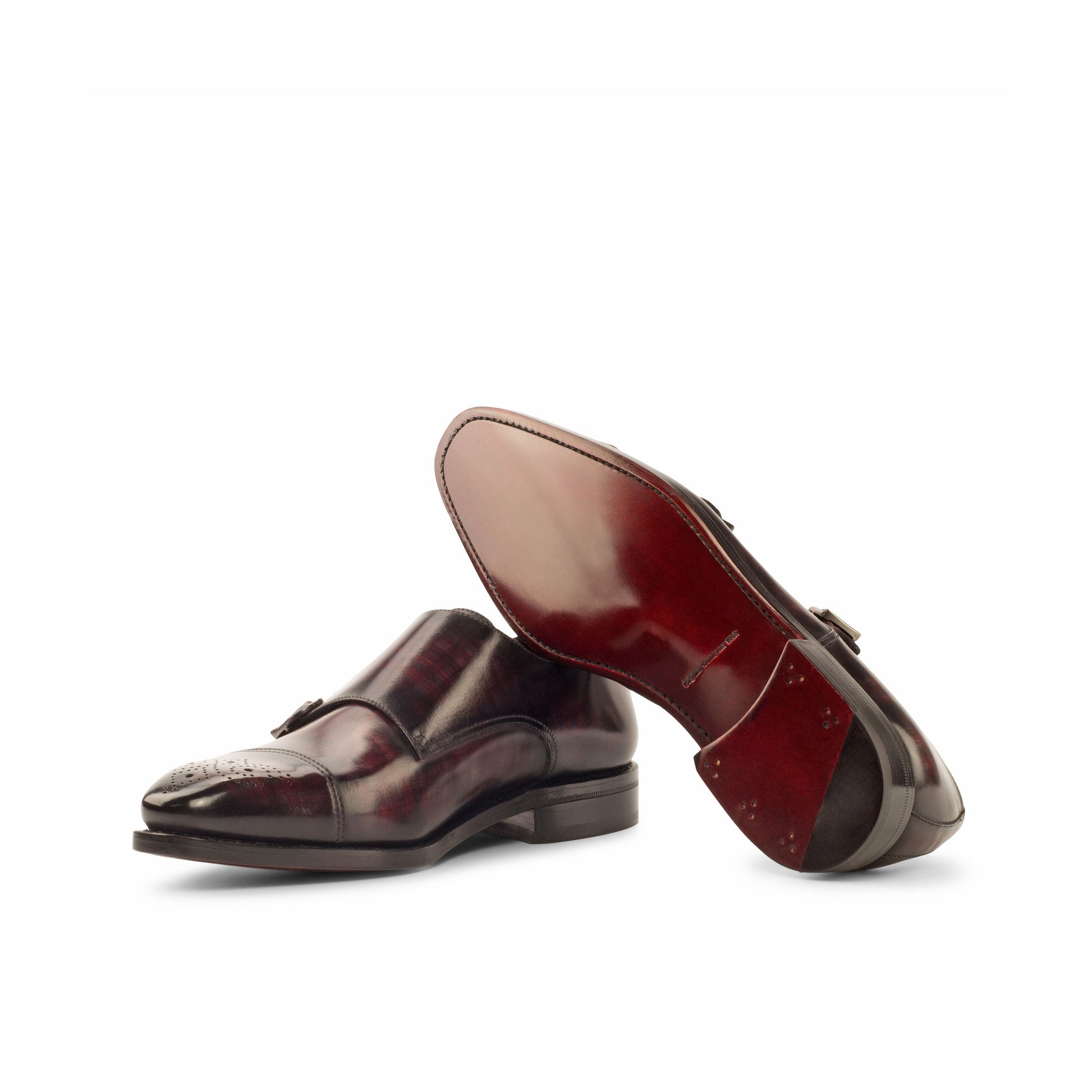 Double Monk Strap in Burgundy Patina Box Calf showing dark red leather sole