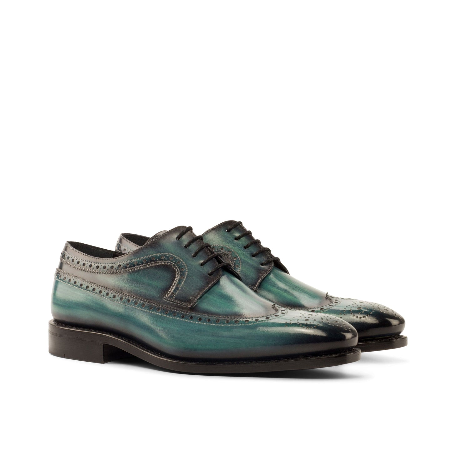Long Wingtip Derby in Turquoise Patina Box Calf, front three-quarter view