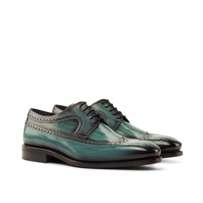 Long Wingtip Derby in Turquoise Patina Box Calf, front three-quarter view