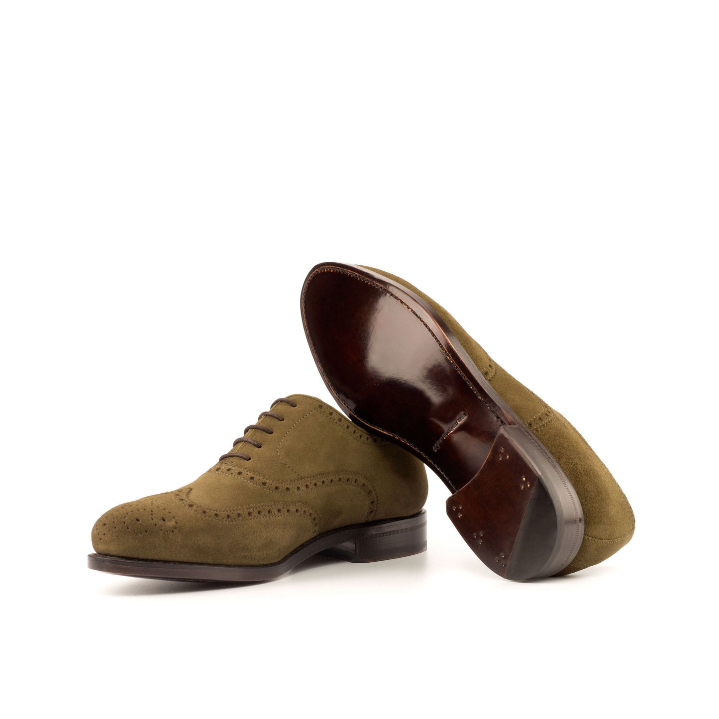 Wingtip Oxford in Khaki Lux Suede showing brown leather sole