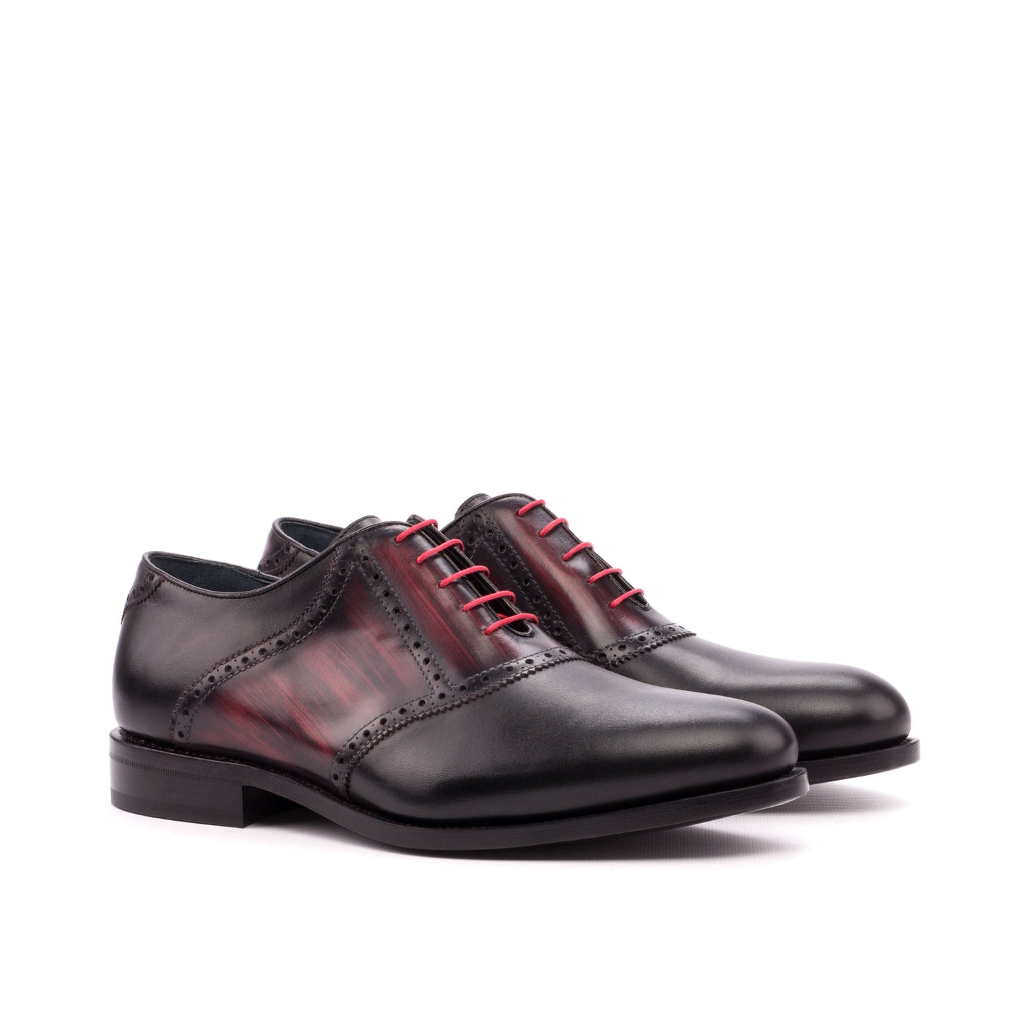 Saddle Shoe in Black Box Calf and Burgundy Patina Box Calf, front three-quarter view