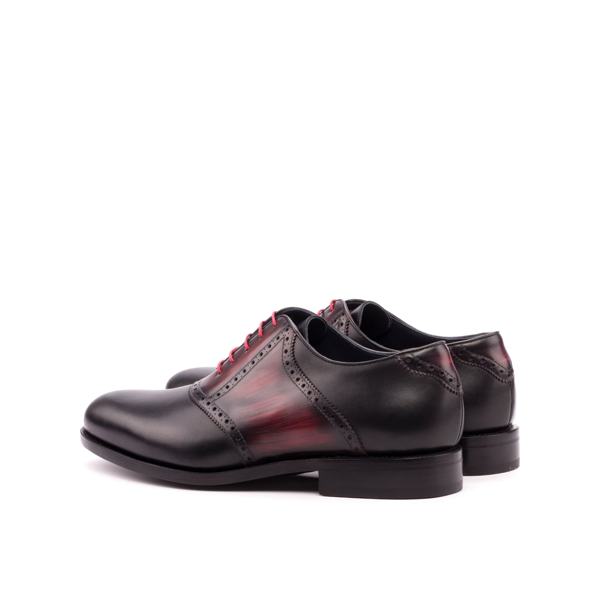 Saddle Shoe in Black Box Calf and Burgundy Patina Box Calf, rear three-quarter view