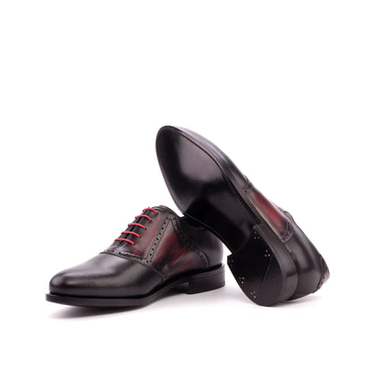Saddle Shoe in Black Box Calf and Burgundy Patina Box Calf showing dark red leather sole